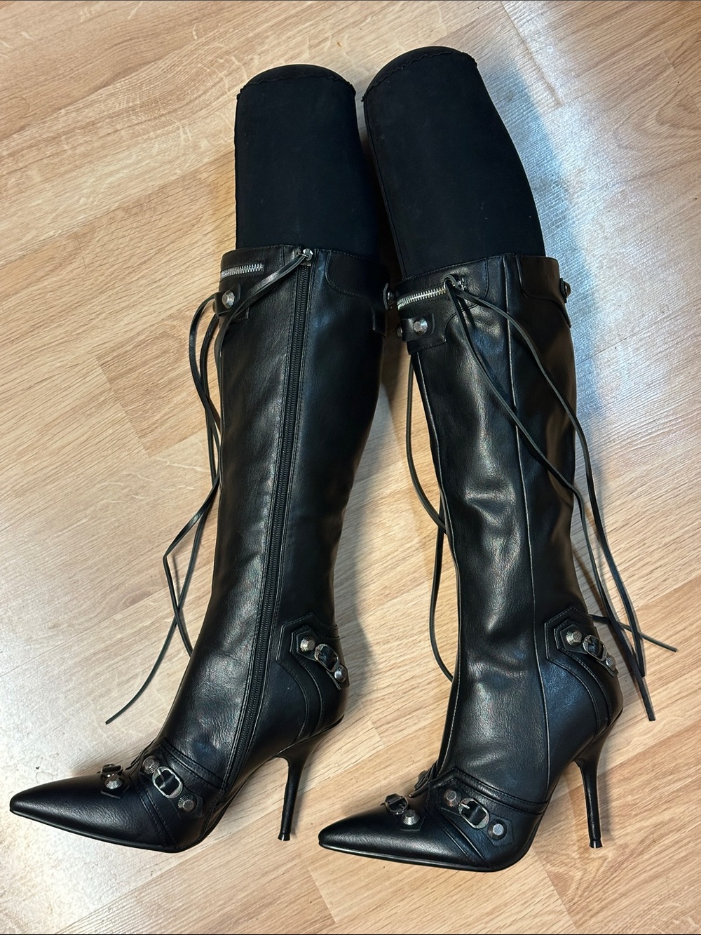 Black High-Heel Knee Boots with Stud Accents